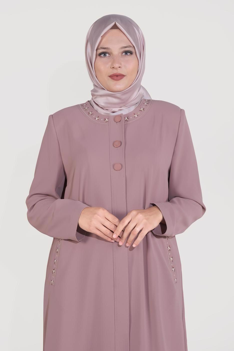 Vêtements hijab POUDRE ALVİNA TRENCH-COAT BOUTONNÉ AVEC DÉTAIL DE BRODERIE T 10234