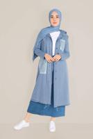 Vêtements hijab BLEU MARINE ALVİNA TRENCH-COAT EN DENIM BOUTONNÉ AVEC DENTELLE 10247