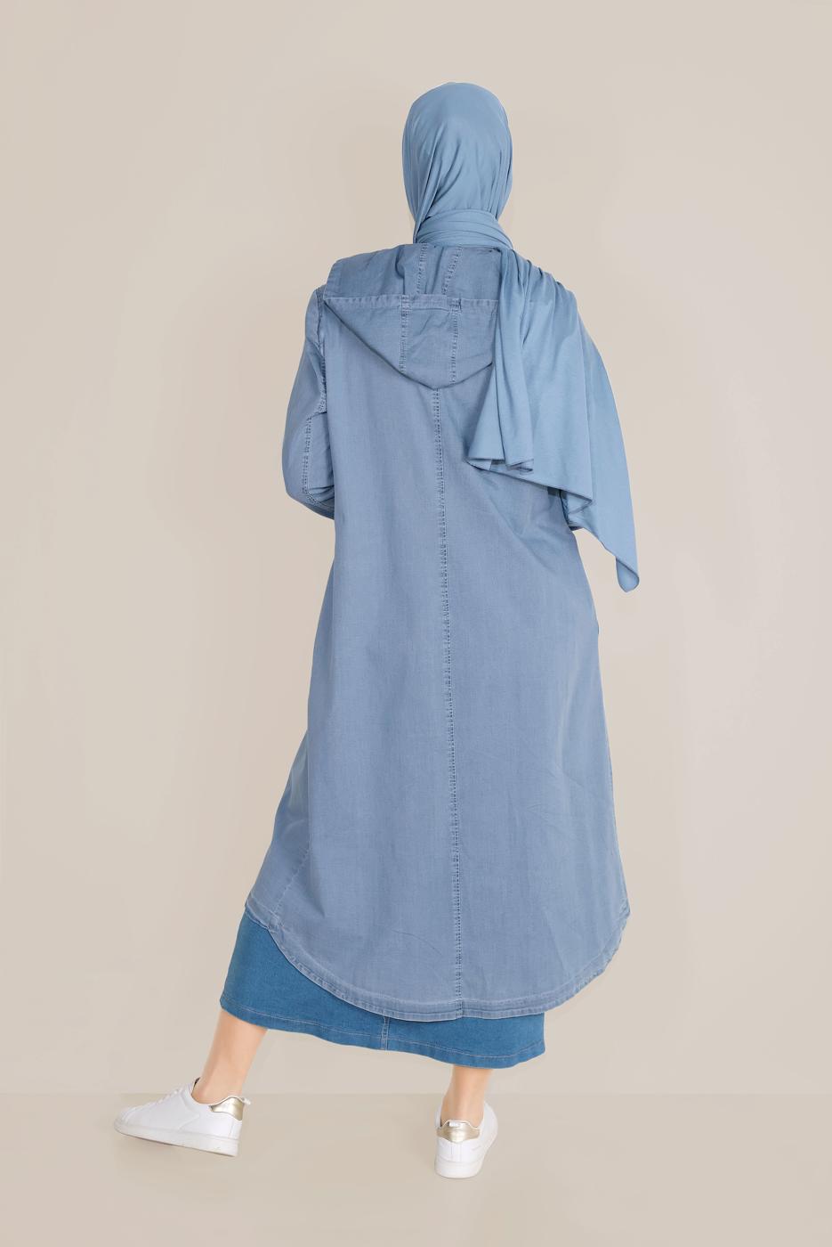Vêtements hijab BLEU MARINE ALVİNA TRENCH-COAT EN DENIM BOUTONNÉ AVEC DENTELLE 10247