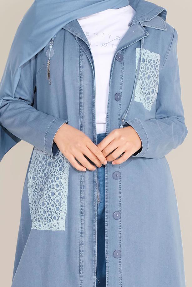 Hijab clothing NAVY BLUE ALVİNA  LACE DETAIL BUTTONED DENIM TRENCH COAT 10247  - TRENDTESETTÜR