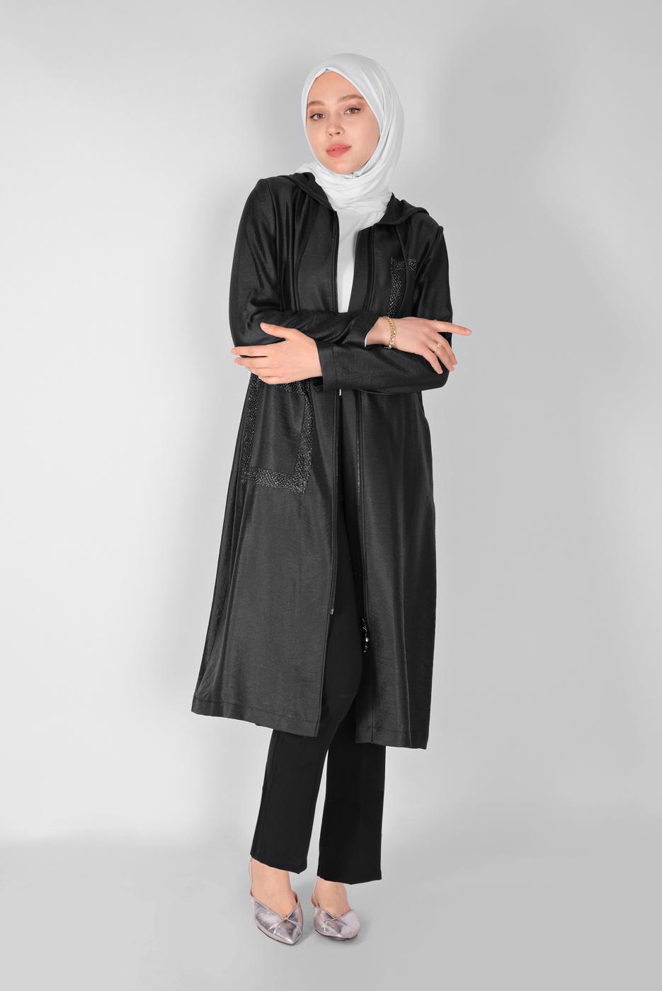 Tesettür giyim SİYAH  ALVİNA PARLAK KUMAŞLI TRENÇKOT 10261 