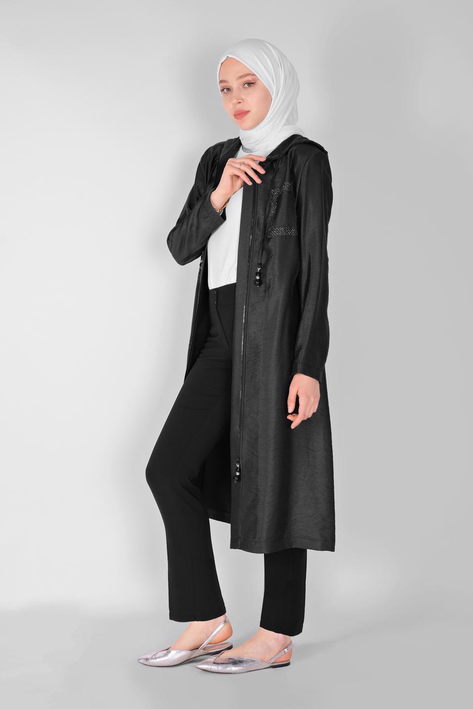 Tesettür giyim SİYAH  ALVİNA PARLAK KUMAŞLI TRENÇKOT 10261 