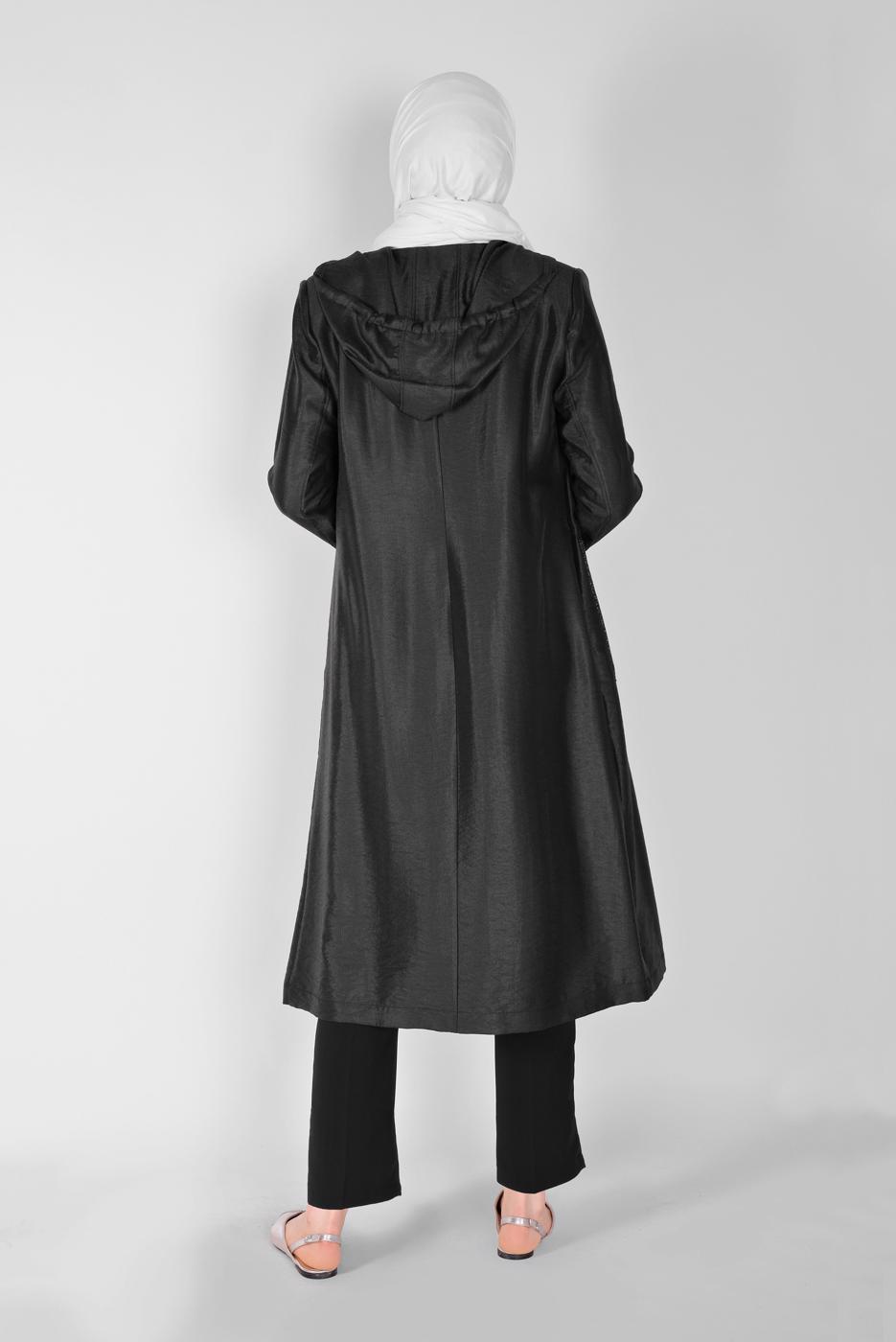 Tesettür giyim SİYAH  ALVİNA PARLAK KUMAŞLI TRENÇKOT 10261 