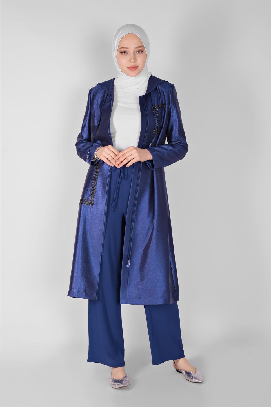 Tesettür giyim LACİVERT  ALVİNA PARLAK KUMAŞLI TRENÇKOT 10261 