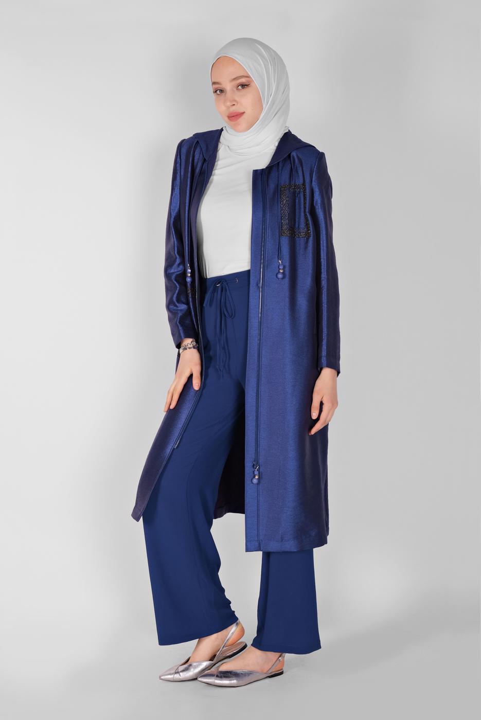 Tesettür giyim LACİVERT  ALVİNA PARLAK KUMAŞLI TRENÇKOT 10261 