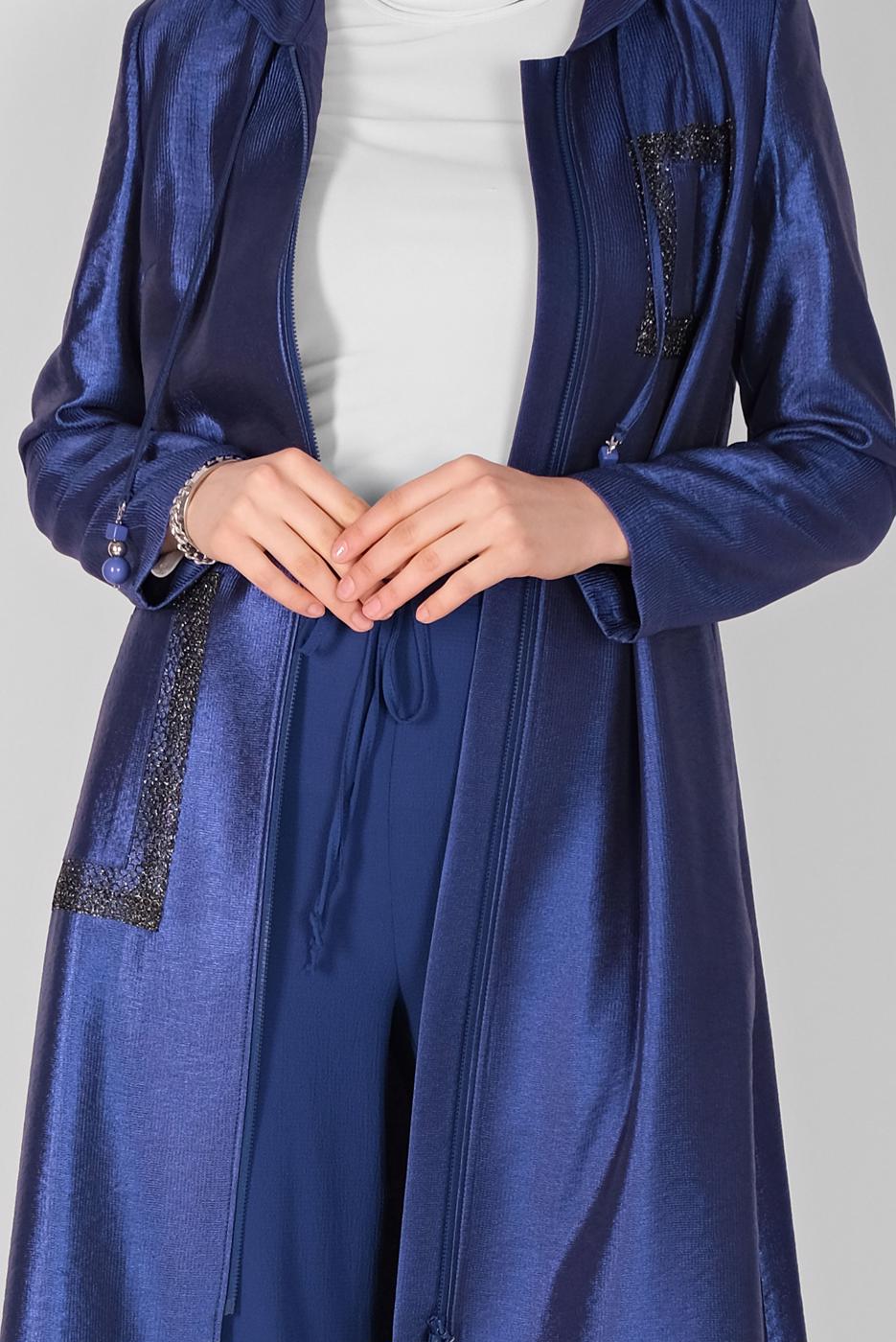 Tesettür giyim LACİVERT  ALVİNA PARLAK KUMAŞLI TRENÇKOT 10261 