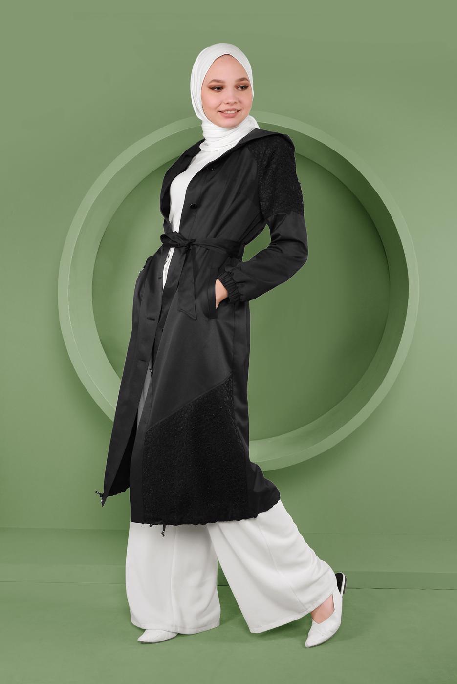 Hijab clothing BLACK ALVINA SMOCKED HEM TRENCH COAT WITH LACE DETAIL T 10335