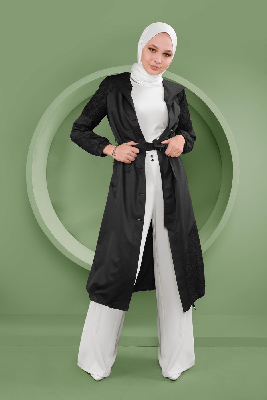 Hijab clothing BLACK ALVINA SMOCKED HEM TRENCH COAT WITH LACE DETAIL T 10335
