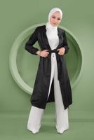Hijab clothing BLACK ALVINA SMOCKED HEM TRENCH COAT WITH LACE DETAIL T 10335