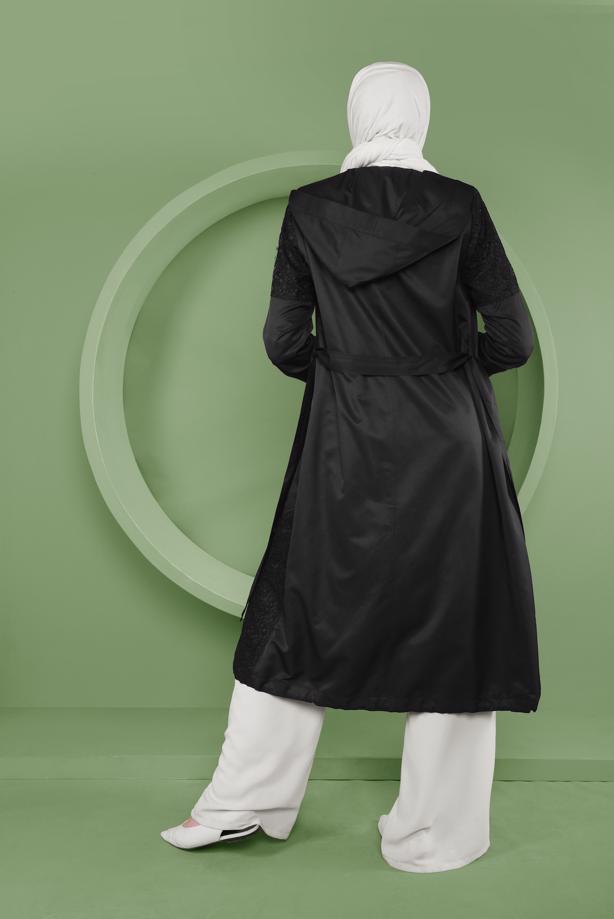 Vêtements hijab NOIR ALVINA TRENCH-COAT OURLET SMOCKÉ AVEC DÉTAIL DENTELLE T 10335 - TRENDTESETTÜR