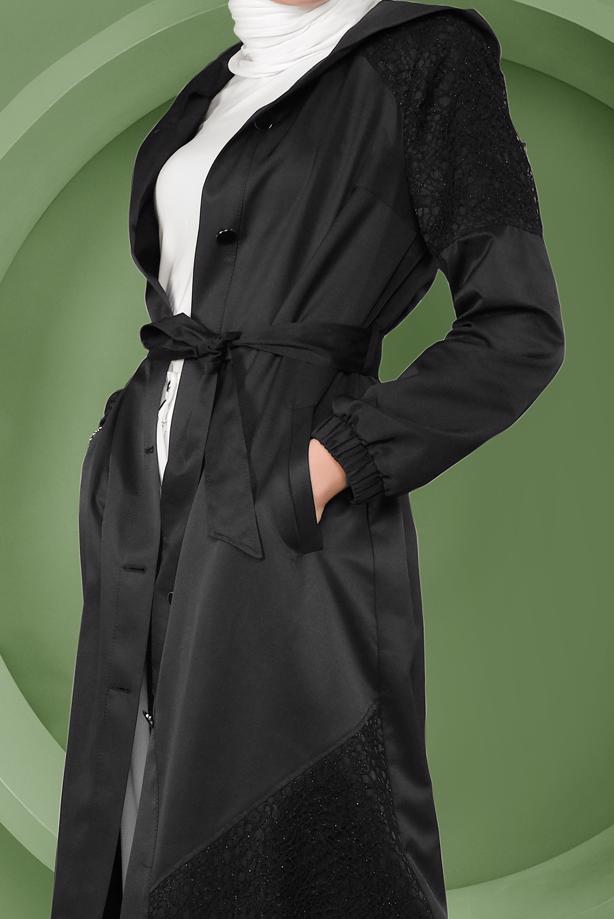 Vêtements hijab NOIR ALVINA TRENCH-COAT OURLET SMOCKÉ AVEC DÉTAIL DENTELLE T 10335 - TRENDTESETTÜR