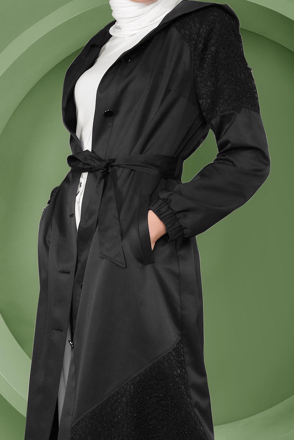 Hijab clothing BLACK ALVINA SMOCKED HEM TRENCH COAT WITH LACE DETAIL T 10335