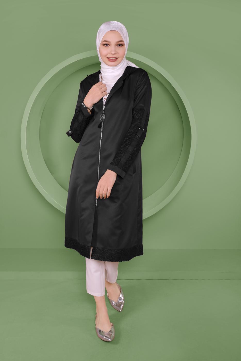 Hijab clothing BLACK ALVINA LACE EMBROIDERED HOODED TRENCH COAT T 10336