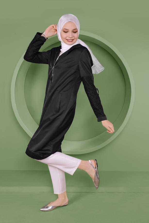 Vêtements hijab NOIR TRENCH-COAT À CAPUCHE BRODÉ EN DENTELLE ALVINA T 10336 - TRENDTESETTÜR