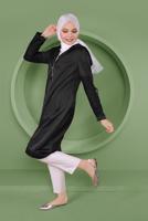 Hijab clothing BLACK ALVINA LACE EMBROIDERED HOODED TRENCH COAT T 10336