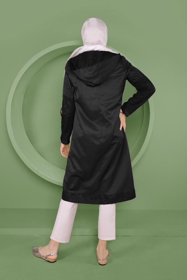 Vêtements hijab NOIR TRENCH-COAT À CAPUCHE BRODÉ EN DENTELLE ALVINA T 10336 - TRENDTESETTÜR