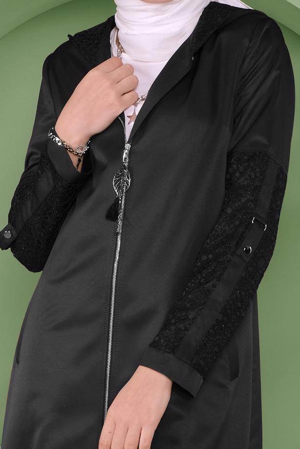 Vêtements hijab NOIR TRENCH-COAT À CAPUCHE BRODÉ EN DENTELLE ALVINA T 10336 - TRENDTESETTÜR