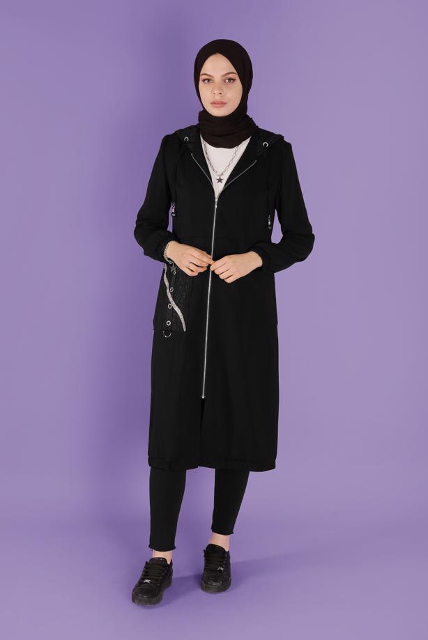 Vêtements hijab NOIR ALVINA TRENCH-COAT DÉTAILLÉ EN DENTELLE AVEC ACCESSOIRE EN MÉTAL T 10395 - TRENDTESETTÜR