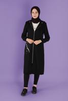 Tesettür giyim SİYAH ALVİNA CEBİ DANTEL DETAYLI METAL AKSESUARLI TRENÇKOT T 10395