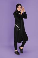 Tesettür giyim SİYAH ALVİNA CEBİ DANTEL DETAYLI METAL AKSESUARLI TRENÇKOT T 10395