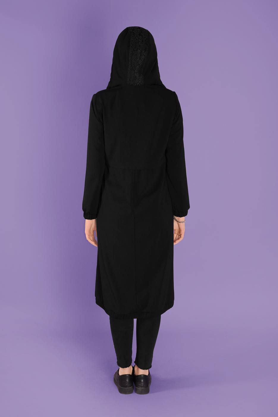 Hijab clothing BLACK ALVINA LACE DETAILED TRENCH COAT WITH METAL ACCESSORY T 10395