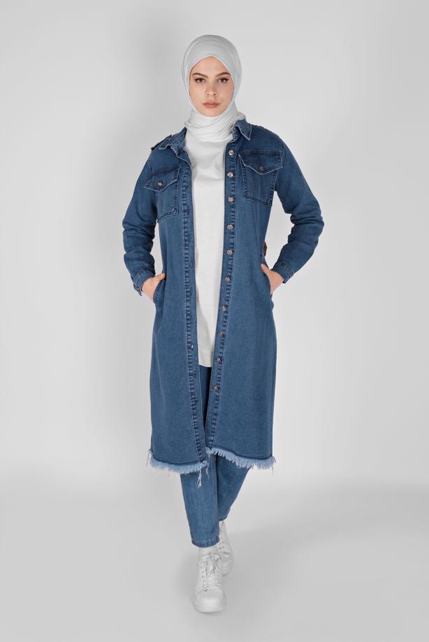 Vêtements hijab  BELTED DENIM TRENCH COAT 1417  - TRENDTESETTÜR
