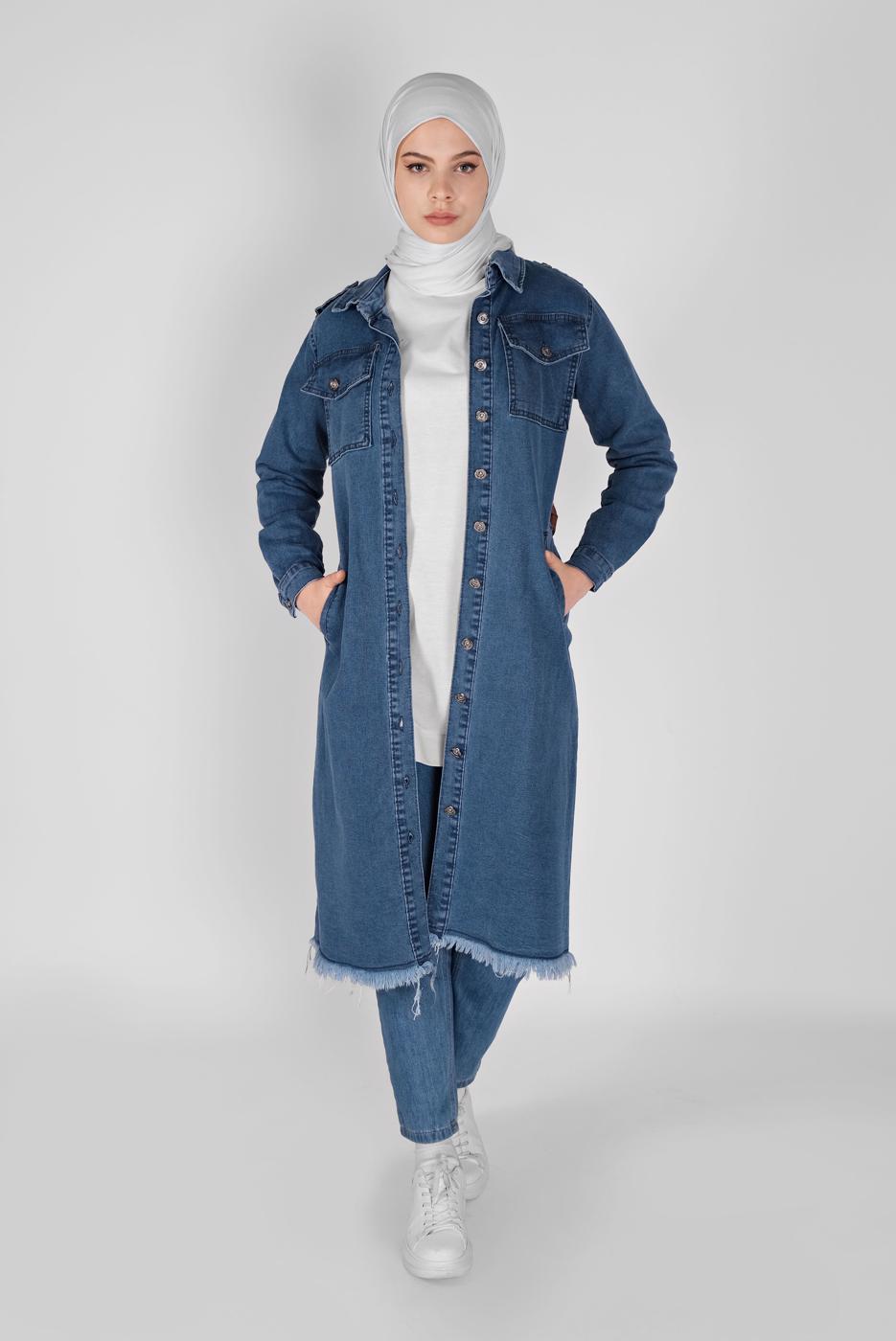 Vêtements hijab BLEU MARINE TRENCH-COAT EN DENIM AVEC CEINTURE 1417