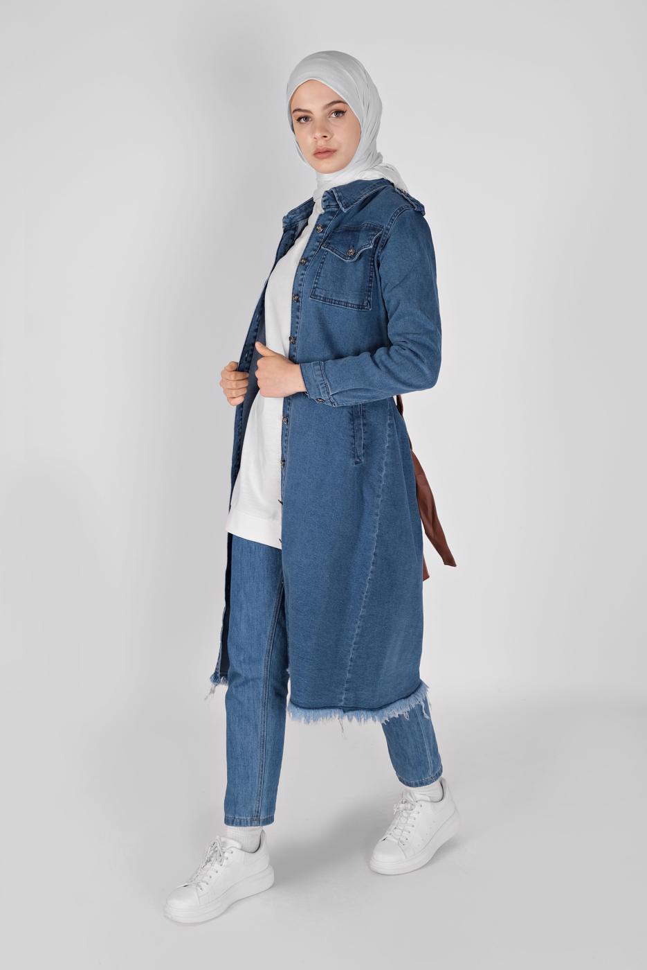 Vêtements hijab BLEU MARINE TRENCH-COAT EN DENIM AVEC CEINTURE 1417