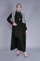 Tesettür giyim SİYAH KUŞAKLI İKİ RENKLİ TRENÇKOT 6365 