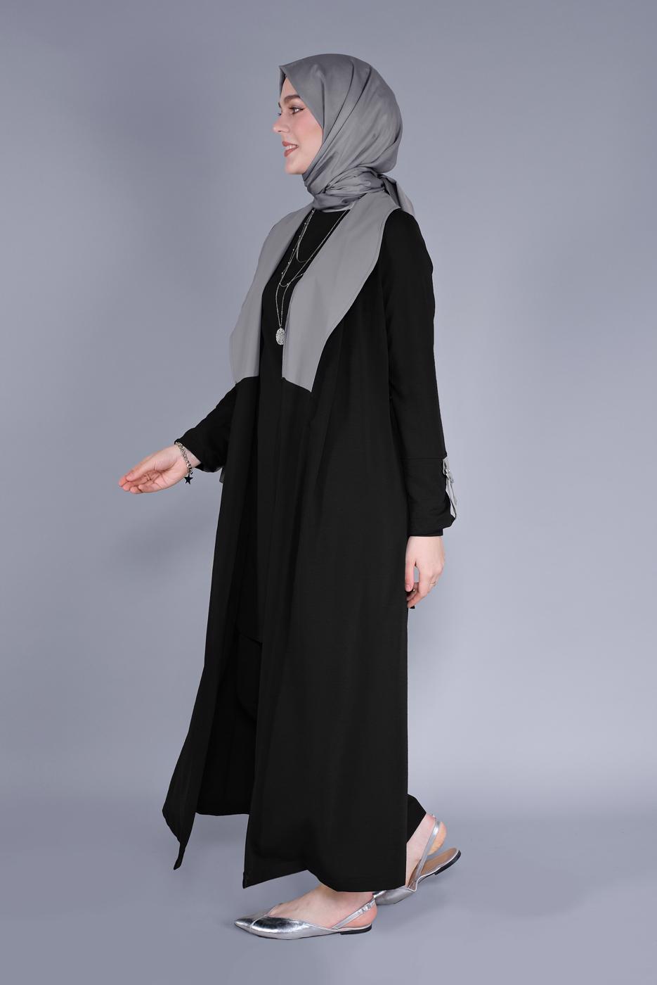 Tesettür giyim SİYAH KUŞAKLI İKİ RENKLİ TRENÇKOT 6365 