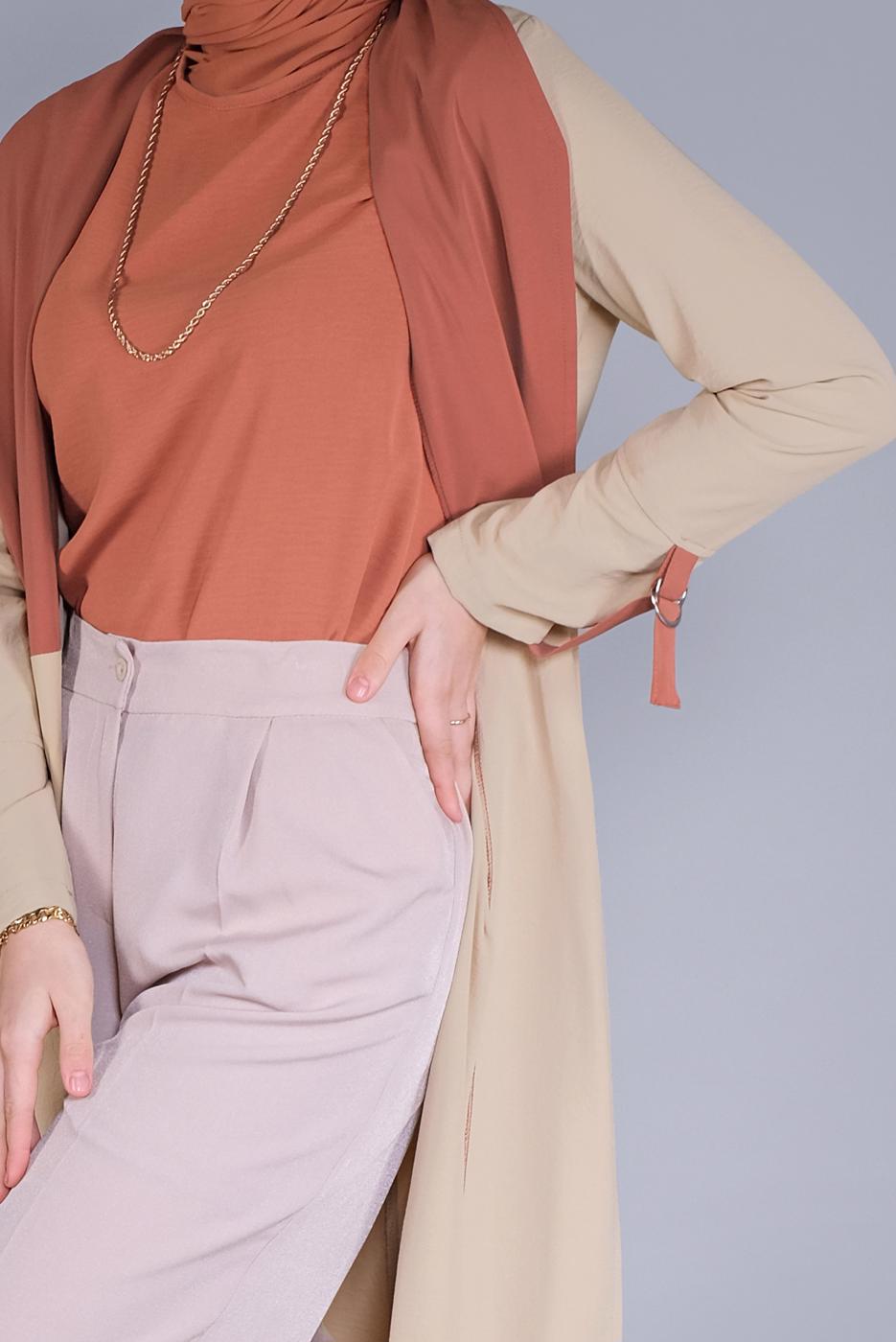 Hijab clothing BEIGE BELTED TWO COLORED TRENCH COAT 6365 