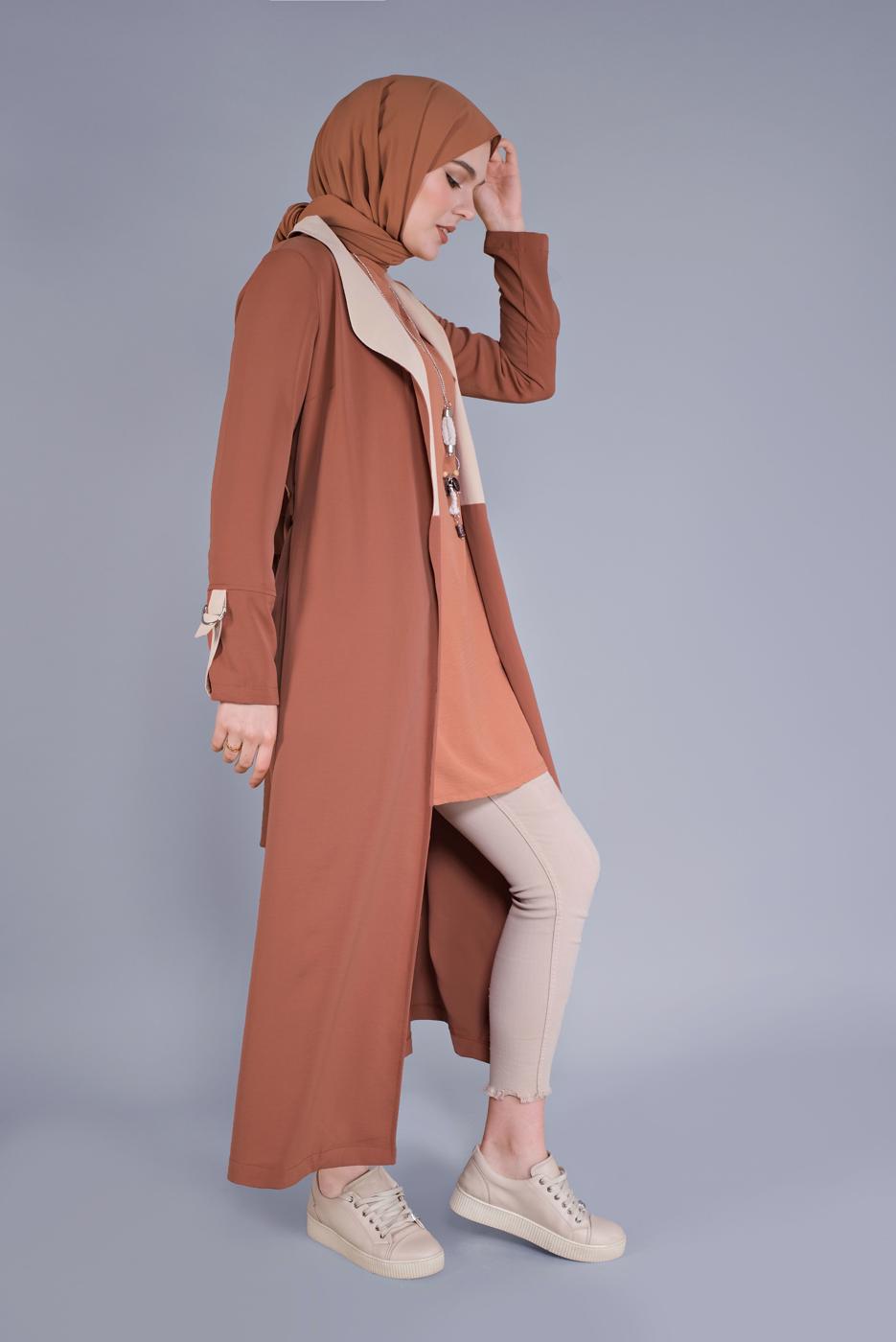 Hijab clothing TABA BELTED TWO COLORED TRENCH COAT 6365 