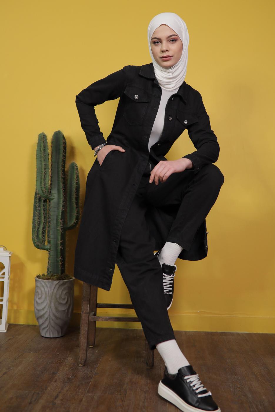 Vêtements hijab NOIR TRENCH-COAT EN DENIM AVEC CEINTURE 8117