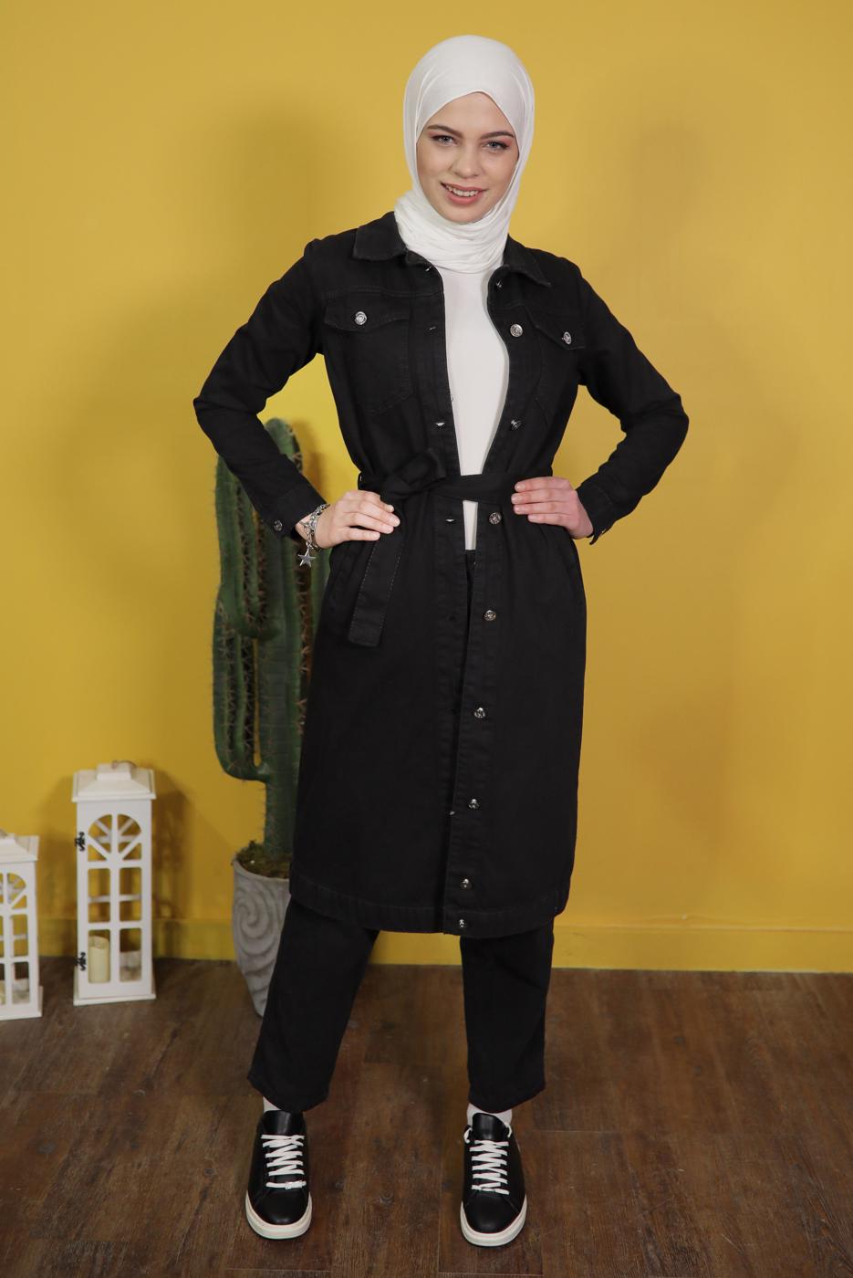 Vêtements hijab NOIR TRENCH-COAT EN DENIM AVEC CEINTURE 8117