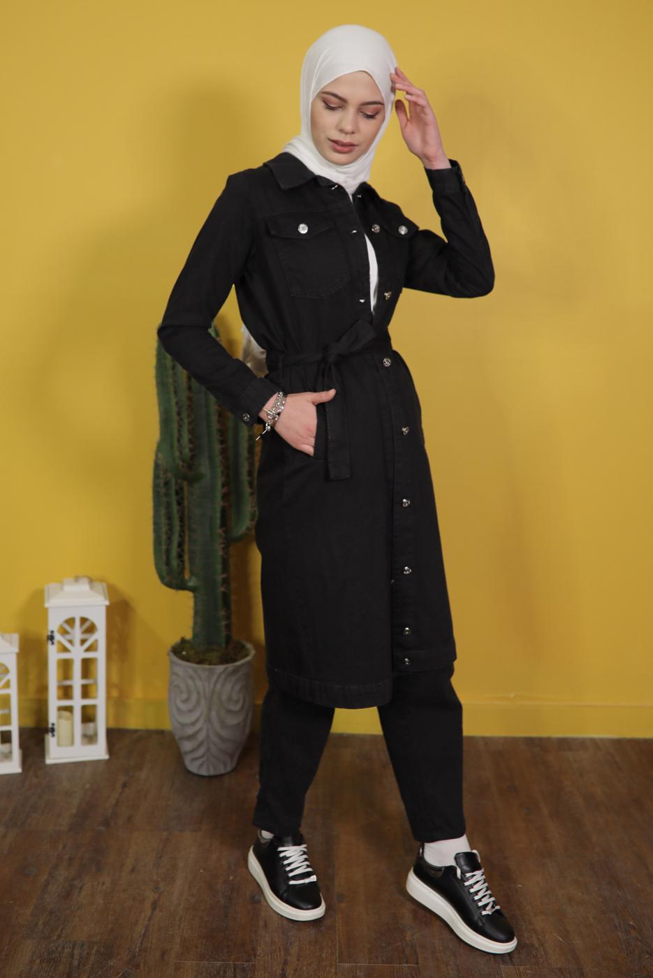 Vêtements hijab NOIR TRENCH-COAT EN DENIM AVEC CEINTURE 8117