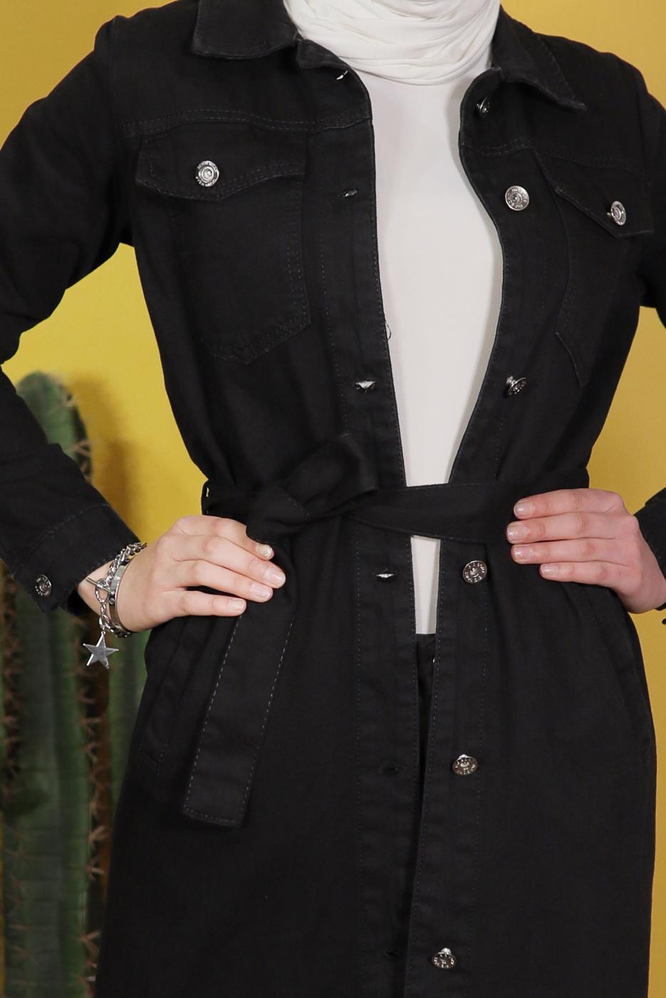 Vêtements hijab NOIR TRENCH-COAT EN DENIM AVEC CEINTURE 8117