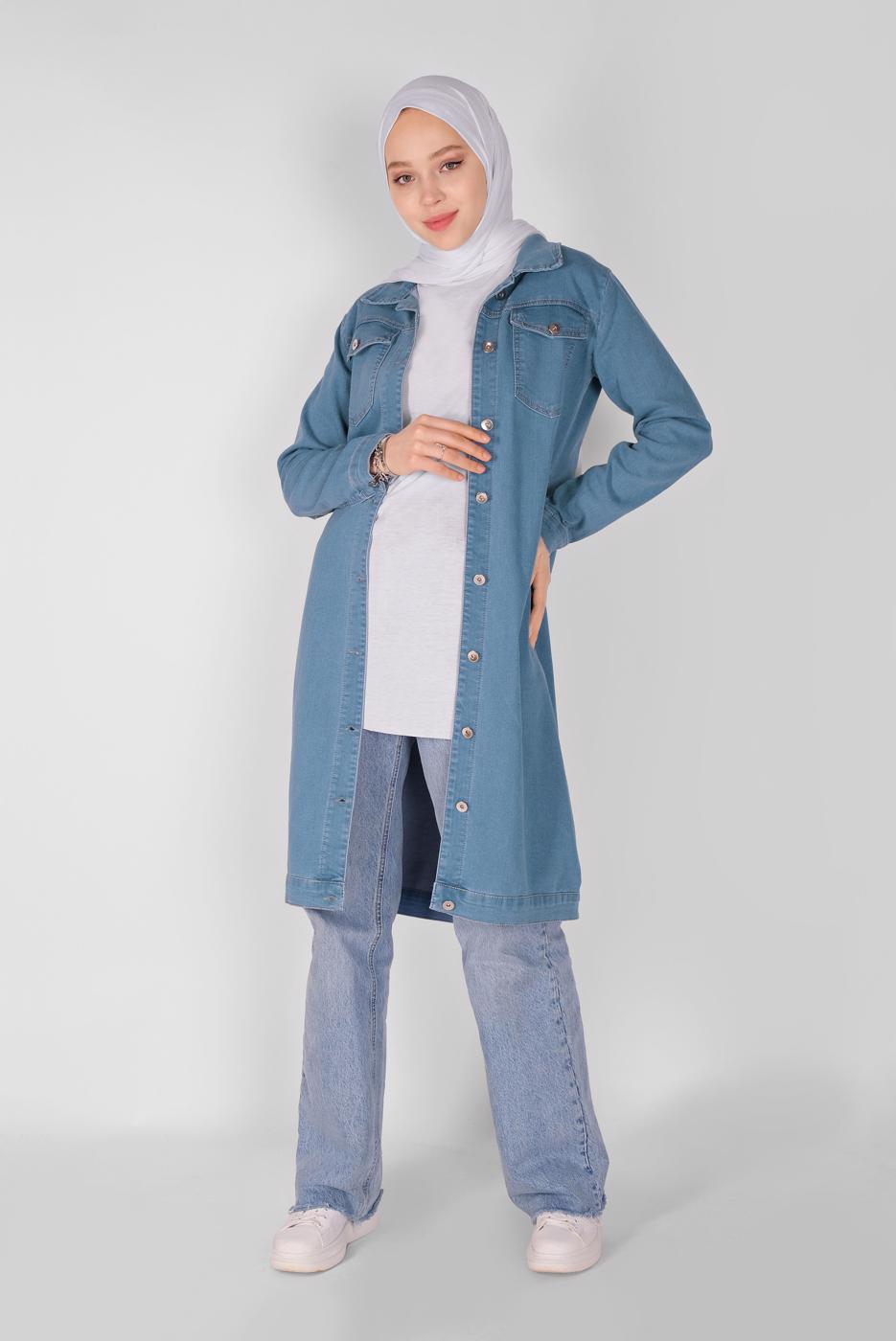 Hijab clothing BLUE BUTTONED DENIM TRENCH COAT 9117 