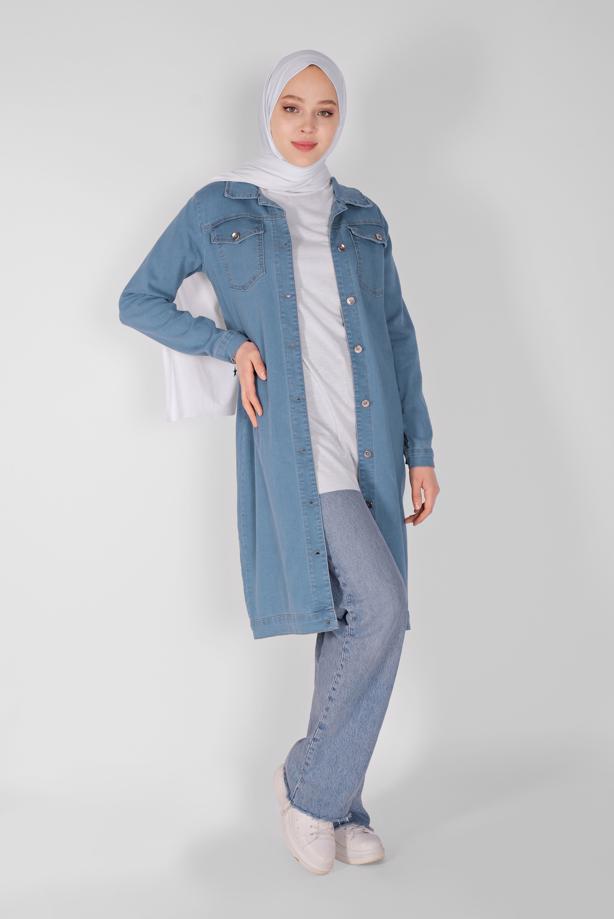 Vêtements hijab  BUTTONED DENIM TRENCH COAT 9117  - TRENDTESETTÜR