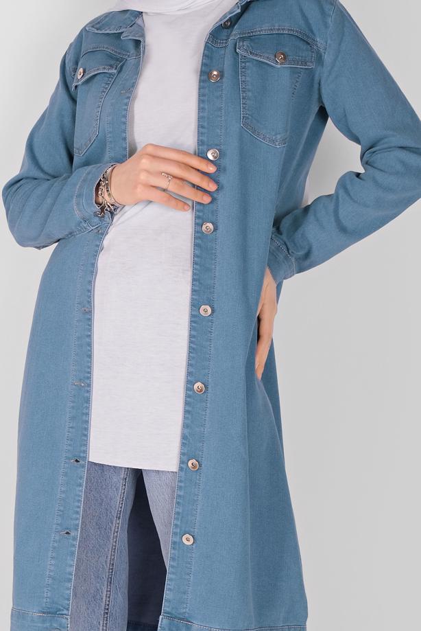 Vêtements hijab  BUTTONED DENIM TRENCH COAT 9117  - TRENDTESETTÜR
