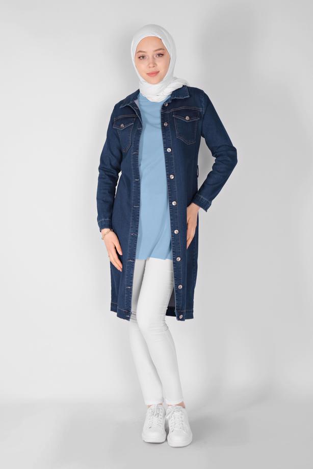 Vêtements hijab  BUTTONED DENIM TRENCH COAT 9117  - TRENDTESETTÜR