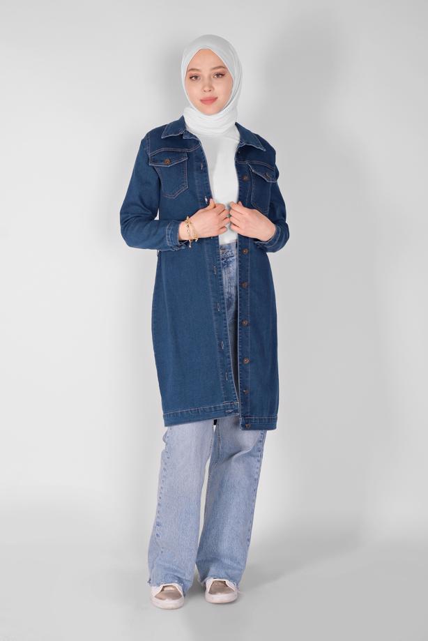Vêtements hijab  BUTTONED DENIM TRENCH COAT 9117  - TRENDTESETTÜR