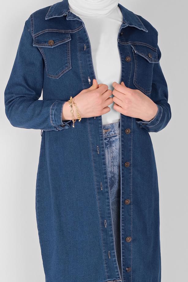 Vêtements hijab  BUTTONED DENIM TRENCH COAT 9117  - TRENDTESETTÜR