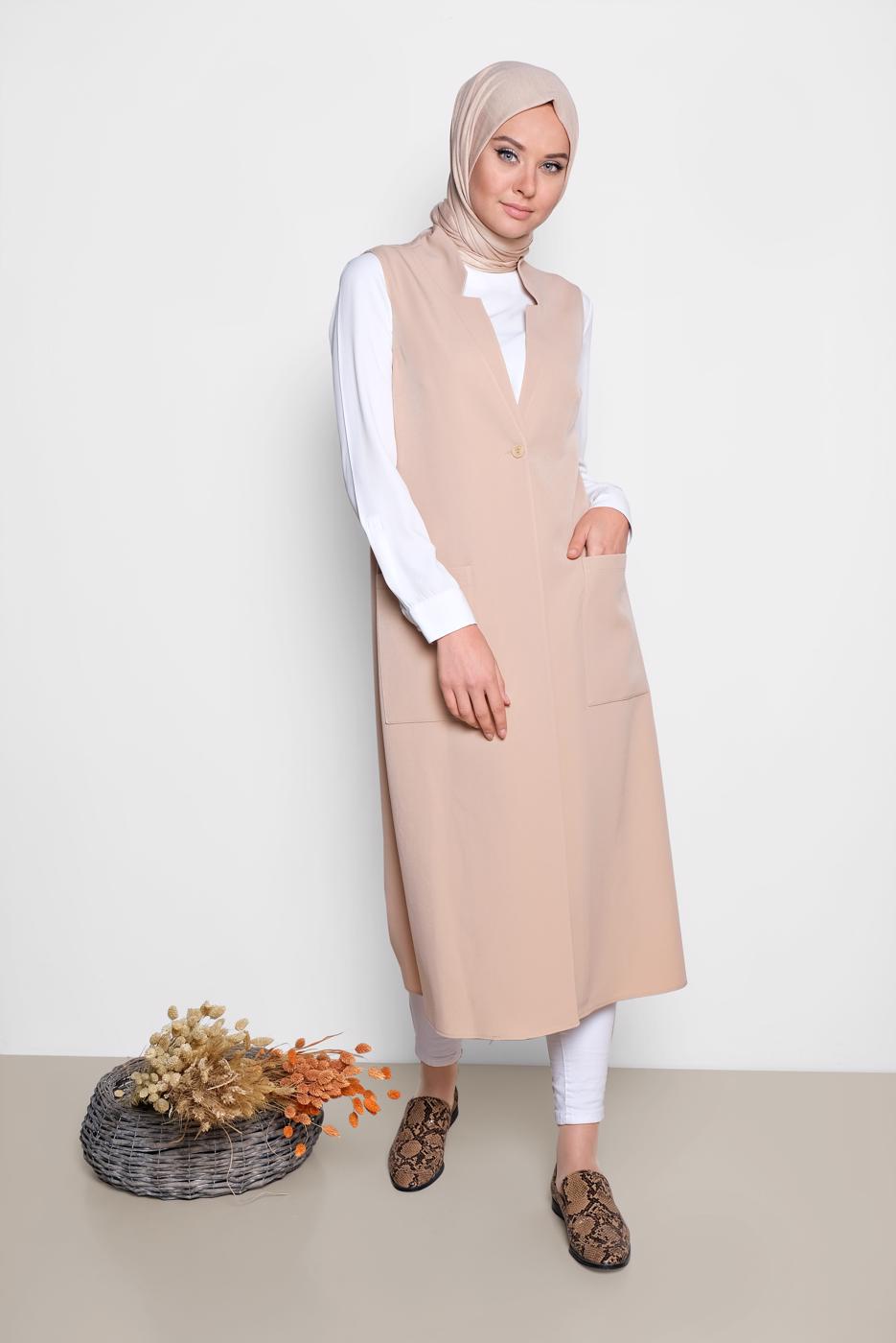 Tesettür giyim BEJ ALVİNA TORBA CEP DETAYLI YELEK 4209