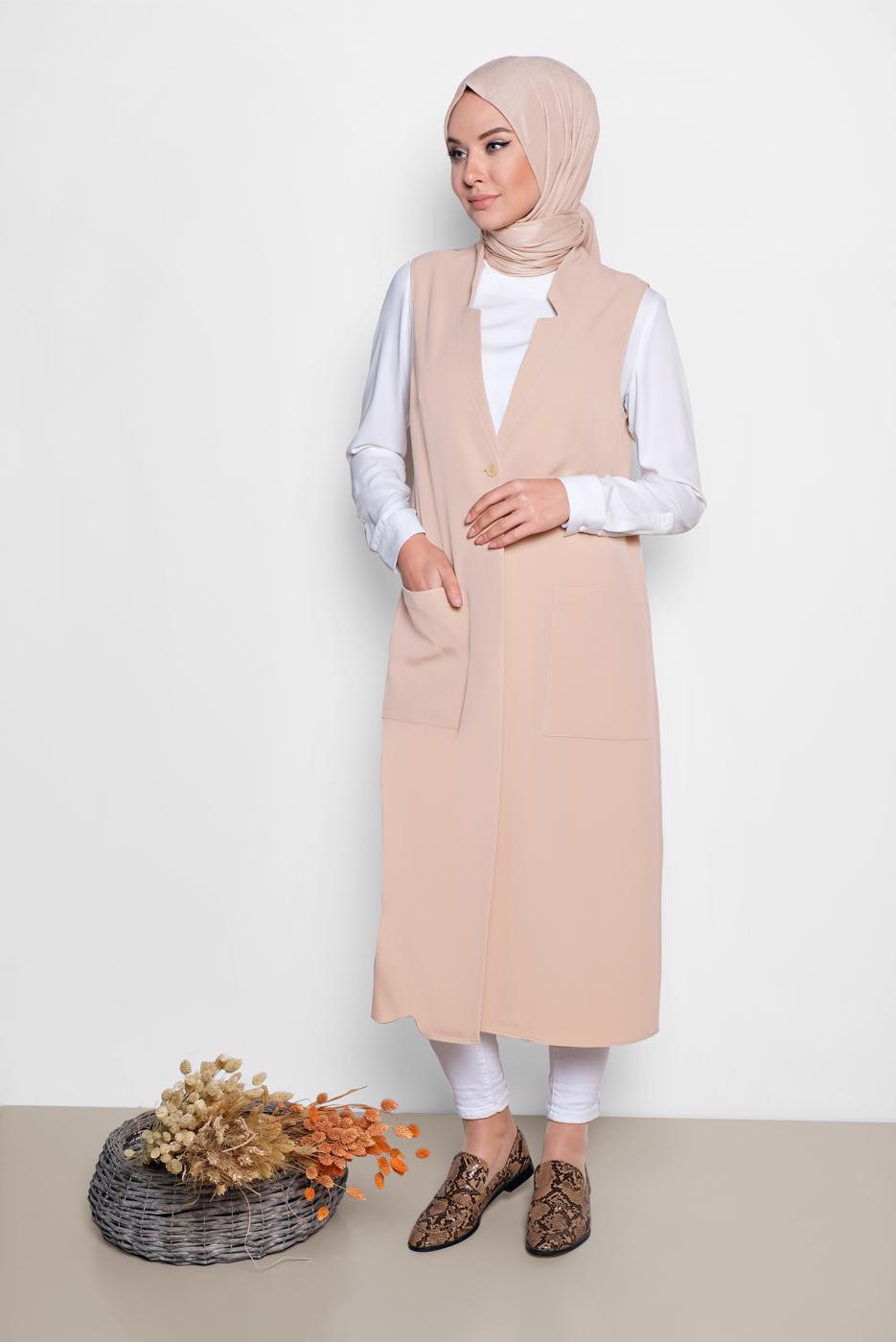 Tesettür giyim BEJ ALVİNA TORBA CEP DETAYLI YELEK 4209