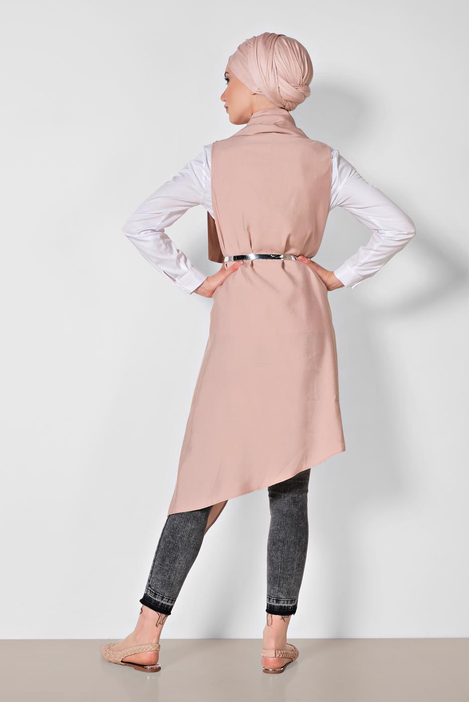 Tesettür giyim PUDRA  ALVİNA YAKASI ÇITÇITLI ASİMETRİK YELEK 4094