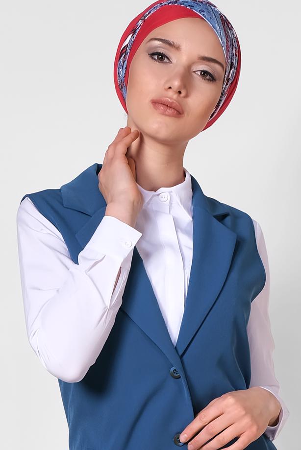 Tesettür giyim LACİVERT  ALVİNA YANDAN YIRTMAÇLI ÖNDEN DÜĞMELİ YELEK 4185 - TRENDTESETTÜR