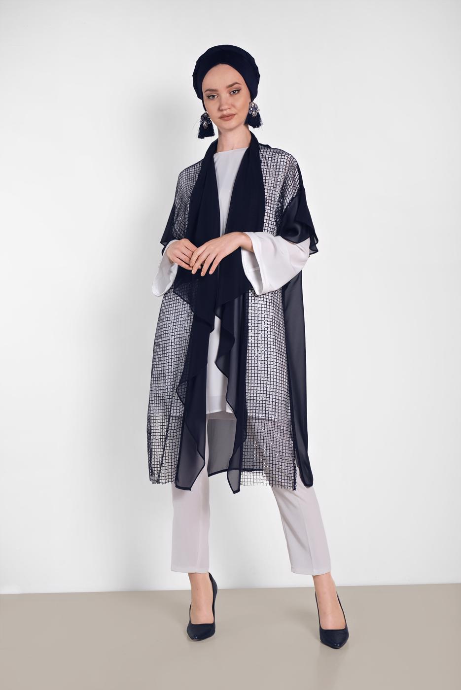 Tesettür giyim LACİVERT ALVİNA PULLU FİLE DETAYLI ŞİFON YELEK  4314  