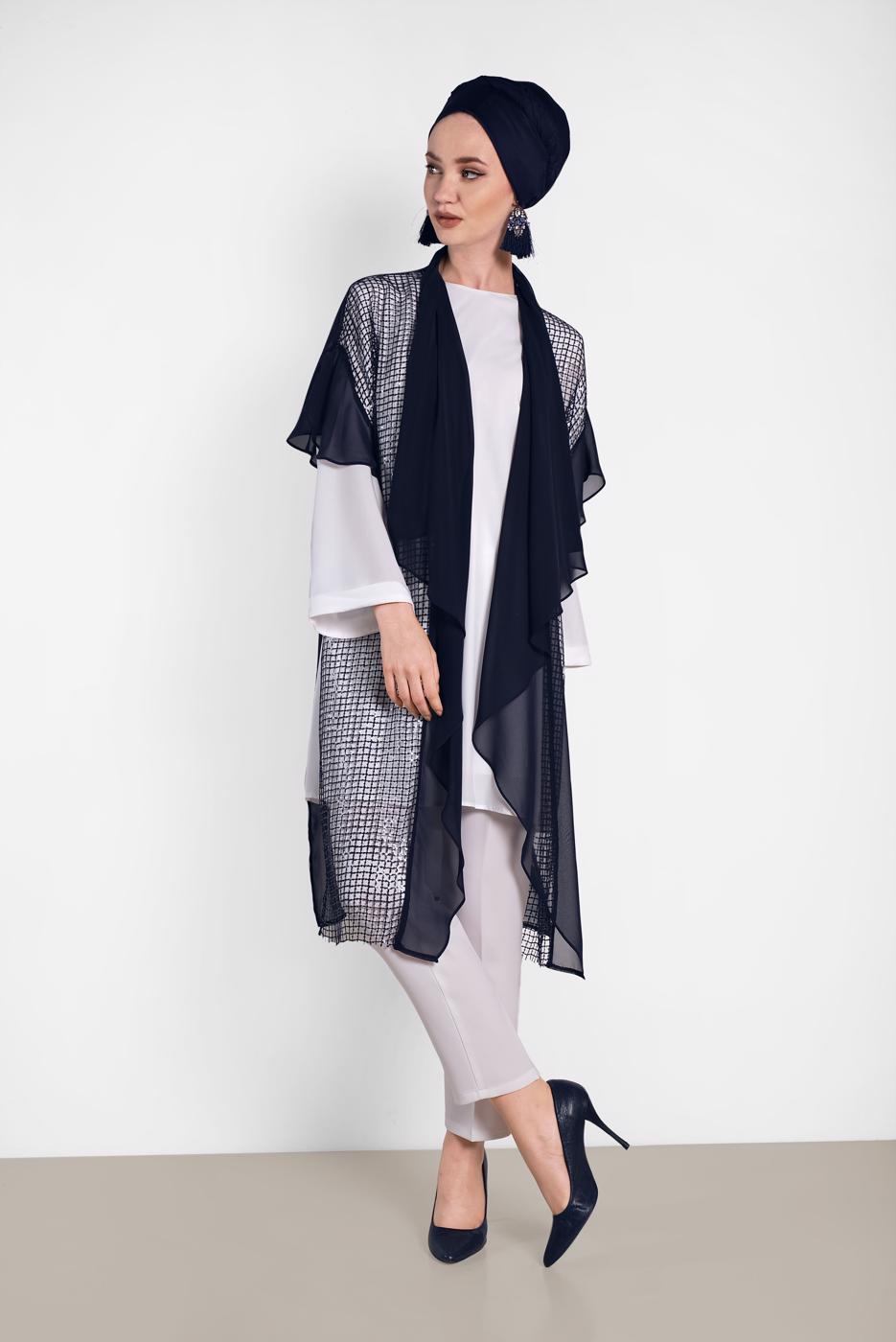 Tesettür giyim LACİVERT ALVİNA PULLU FİLE DETAYLI ŞİFON YELEK  4314  