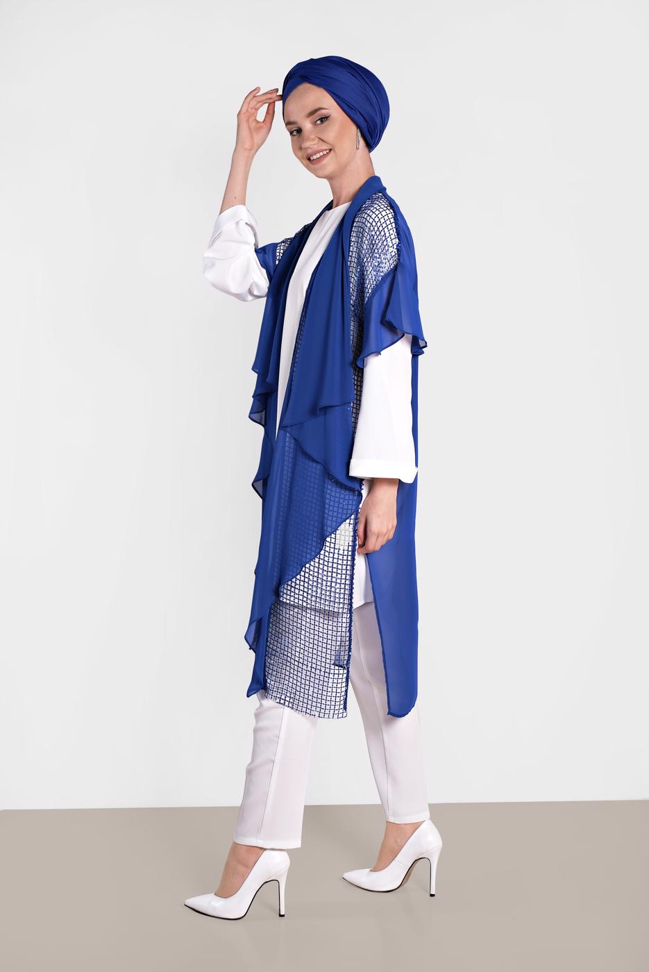 Tesettür giyim LACİVERT ALVİNA PULLU FİLE DETAYLI ŞİFON YELEK  4314  