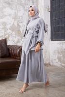 Tesettür giyim GRİ MANŞETLERİ LASTİKLİ BELİ KUŞAKLI PANTOLONLU TAKIM 9210